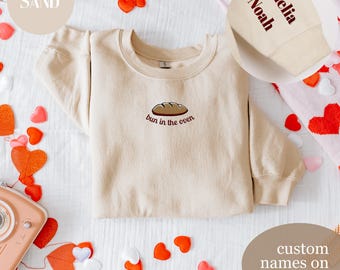 Bun in the Oven Pregnancy Announcement Sweatshirt, Custom Names on Sleeve, Embroidered New Mom Crewneck