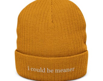 Emboidered Ribbed Knit Beanie, I Could Be Meaner, Sarcastic Hat, Funny Quote Hat, Sarcasm Hat, Trendy Hat