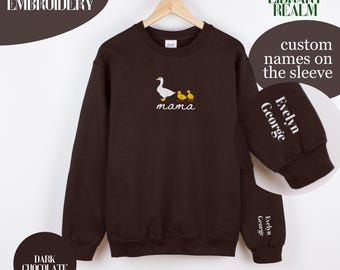 Custom Embroidered Goose Sweatshirt, Custom Names Mama Of Two Crewneck Sweatshirt, Silly Goose Twin Mama, Kids Names On The Sleeve