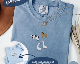 Farm Animals Embroidery, Goose, Cow, Horse, Comfort Colors Tee, Gildan Sweatshirt