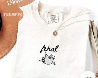 Embroidered Feral Racoon Comfort Colors T-Shirt, Funny Weirdcore Shirt