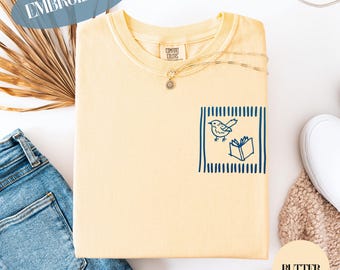 Books and Birds Frame Pocket Shirt, Custom Color Embroidered Bird Tee, Bird Watcher Gift, Comfort Colors, Gildan Sweatshirt