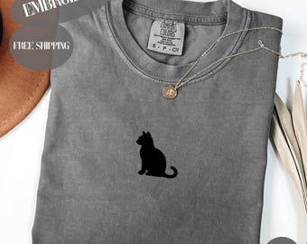 Embroidered Black Cat Shirt, Minimal Cat Silhouette Tee, Cat Lover Gift, Spooky Fall Apparel