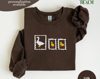Embroidered Mom Shirt, Custom Kids Names On The Sleeve, Twin Mom Sweatshirt, Mama Goose with Two Goslings, White Frame Motherhood Gift