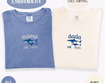 Custom Embroidered Mama Shark, Dada Shark Shirt, Mama Dada Shark Embroidery, Comfort Colors, Matching Shark 1st Birthday, Birthday Shark