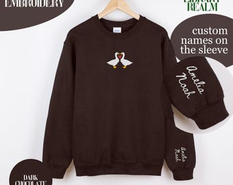 Custom Embroidered Couples Silly Goose Sweatshirt, Personalized Names On The Sleeve, Embroidered Goose Valentines Day Gift