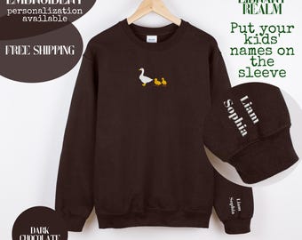 Custom Embroidered Goose Sweatshirt, Custom Names Mama Of Two Crewneck Sweatshirt, Silly Goose Twin Mama, Kids Names On The Sleeve