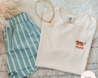 Embroidered Tiger Mama Dada or Any Other Word, Pocket Design, Custom Animal Control Bday Comfort Colors Shirts and Gildan 18000 Sweatshirts