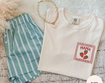 Berry Sweet Birthday Shirt, Custom Strawberry Embroidery Pocket Tee, Matching Mama Dada Family Shirts, Comfort Colors, Gildan Sweatshirt