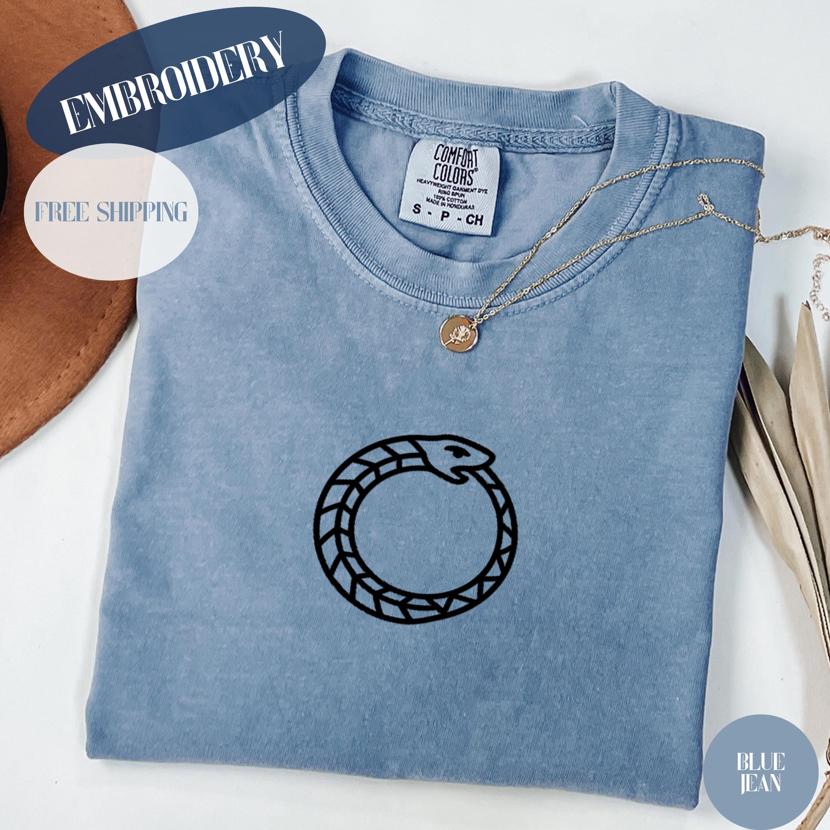 Minimalist Ouroboros Embroidered Shirt, Snake Eating Tail, Black