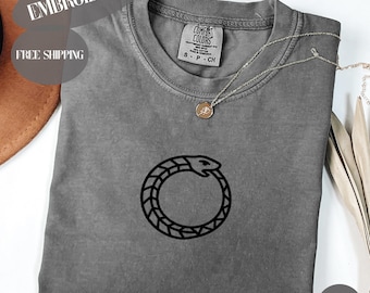 Minimalist Ouroboros Embroidered Shirt, Snake Eating Tail, Black Line Art, Tattoo Style, Esoteric Gift, Comfort Colors Tee, Mystical Symbol