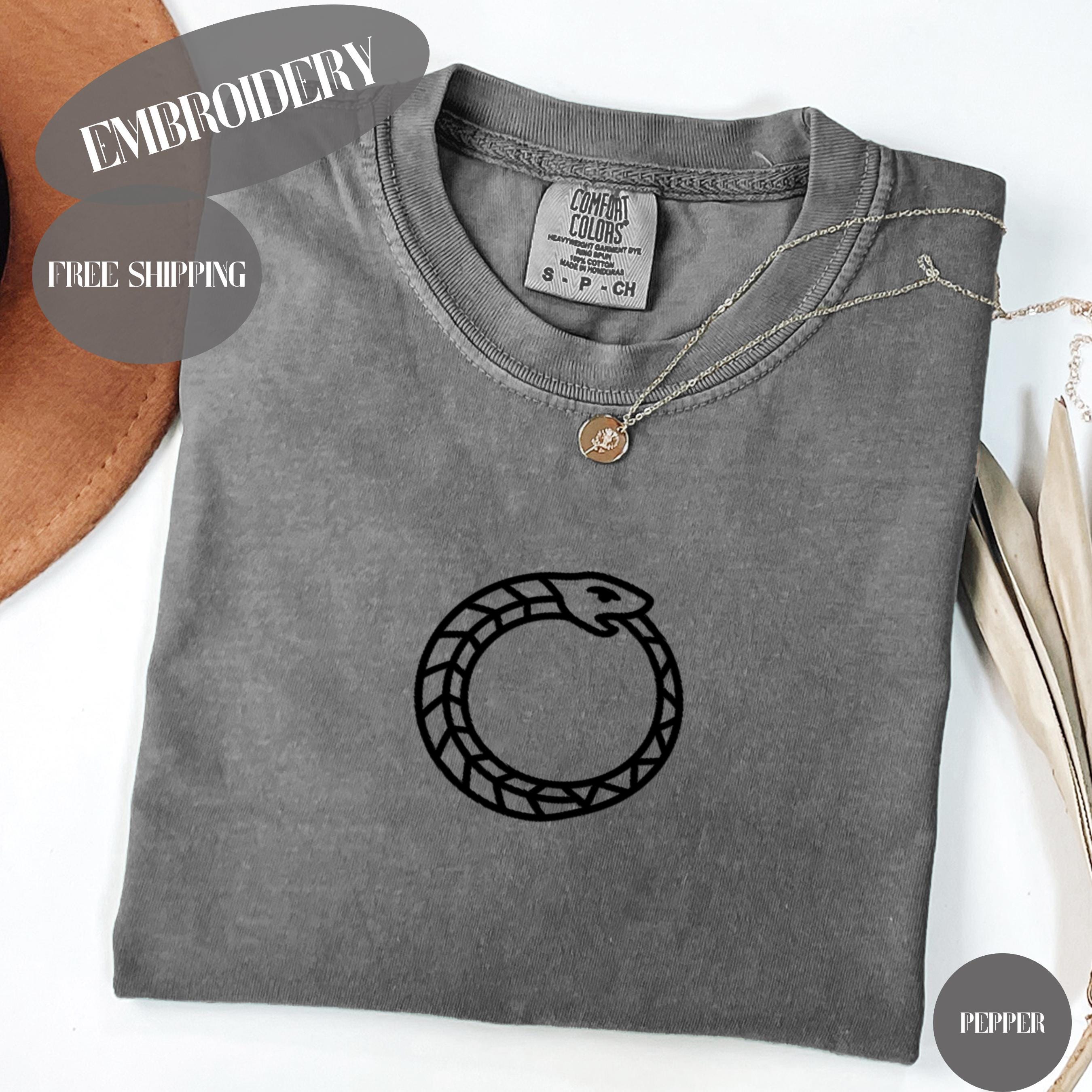 Minimalist Ouroboros Embroidered Shirt, Snake Eating Tail, Black