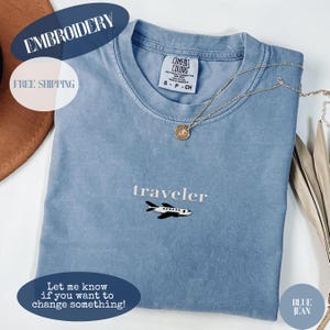 Embroidered Traveler T-Shirt, Comfort Colors Unisex Tee, Minimalistic Plane Design, Wanderlust Shirt, Travel Lover Gift, Adventure Apparel