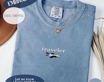 Embroidered Traveler T-Shirt, Comfort Colors Unisex Tee, Minimalistic Plane Design, Wanderlust Shirt, Travel Lover Gift, Adventure Apparel