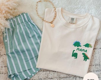 Personalized Dino Mom Pocket Shirt, Embroidered T Rex Mama Tee, Custom Dinosaur Mother Sweatshirt