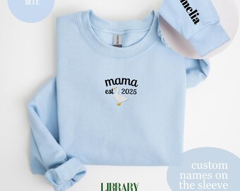 Custom Goose Mama Sweatshirt, Embroidered New Mom Crewneck, Kids Names on Sleeve, First Birthday Family Gift