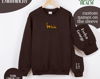 Embroidered Giraffe Sweatshirt, Custom Names Mama Of Two Crewneck, Twin Mama Sweater, Kids Names On The Sleeve, Gildan 18000 Sweatshirt