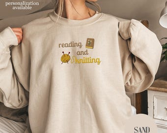 Embroidered Reading and Knitting Shirt, Golden Thread, Knit Crochet Gift, Comfort Colors, Gildan 18000 Sweatshirts