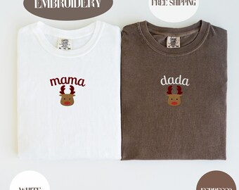 Custom Embroidered Reindeer First Birthday Matching Shirt, Comfort Colors Mama Dada, Christmas 1st Birthday, Christmas Reindeer Shirt
