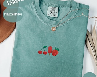 Embroidered Cherry, Ice Cream, Strawberry Shirt, Cute Outfit, Beach Vacation Shirt, Food Lover Gift, Summertime Fashion Top, Summer Vibes