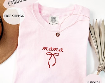 Embroidered Mama Coquette T-Shirt, Custom Embroidery, Gift for Mom, Comfort Colors Tee, Mother's Day Gift, Personalized Mama Shirt