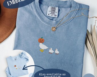 Funny Halloween Mom Shirt, Embroidered Mama Goose with Two Masked Goslings, Spooky Mama Comfort Colors Tee