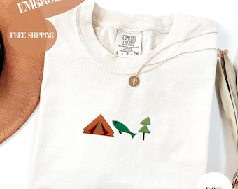 Embroidered Camp Shirt, Tent Fish Tree Comfort Colors, Camping Embroidery, Outdoors Gifts, Cabin Crew, Camping Crew Shirt, Fishing Tee