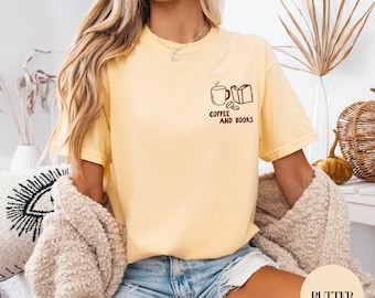 Embroidered Coffee and Books Outline Pocket Design, Minimalist Book Lover Outfit, Comfort Colors Shirts and Gildan 18000 Sweatshirts