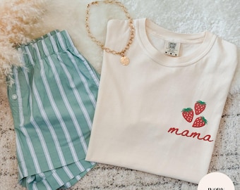 Custom Embroidered Strawberry Mama Dada or Other Word Pocket Design, Berry First Bday, Comfort Colors Shirts and Gildan 18000 Sweatshirts