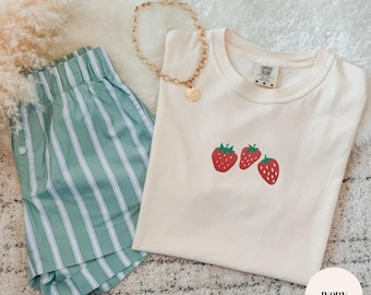 Embroidered Strawberry Summer Tee, Strawberry Lover Gift, Comfort Colors Shirts and Gildan 18000 Sweatshirts