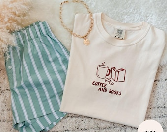 Embroidered Coffee and Books Outline, Minimalist Book Lover Outfit, Comfort Colors Shirts and Gildan 18000 Sweatshirts