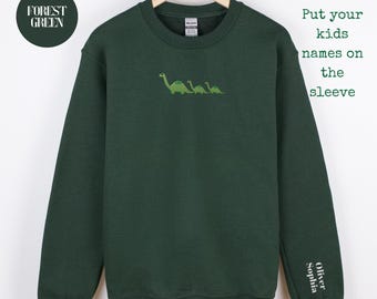 Custom Embroidered Dinosaur Sweatshirt, Custom Names Mama Of Two Crewneck, Dino Twin Mama, Custom Name On Sleeve, Gift For Wife