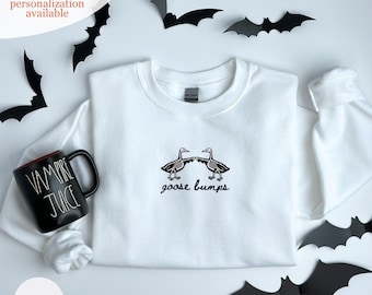 Goose Bumps Halloween Sweatshirt, Embroidered Skeleton Goose Crewneck, Funny Spooky Season Gift, Gildan 18000
