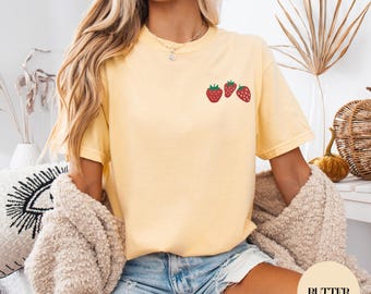 Embroidered Strawberry Summer Pocket Design Tee, Strawberry Lover Gift, Comfort Colors Shirts and Gildan 18000 Sweatshirts