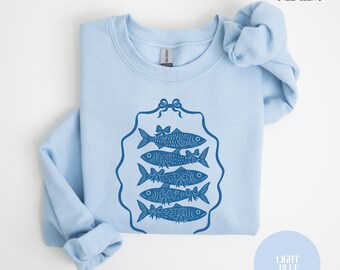 Sardines Coquette Bow Frame Crewneck Sweatshirt, Tin Fish 90s 2000s Shirt Ocean Trendy Graphic Tshirt Summer Coastal Fisherman Aesthetic