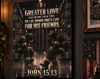 Firefighter John 15:13 Canvas Wall Art, Greater Love Firefighter Gift, Christian First Responder Decor, Fireman Memorial Canvas