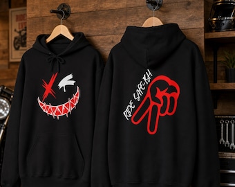 Ride Safe-ish Motorcycle Hoodie - Biker Peace Sign Hoodie, Bold Red Graphic Pullover, Street Style Safety Message, Gift for Riders, Unisex