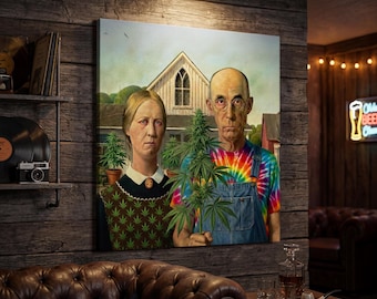 American Stoner Canvas Wall Art | Funny Cannabis Farm Parody | Trippy Weed Wall Decor | Stoner Home Art
