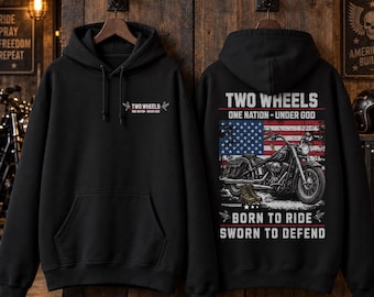 Two Wheels One Nation Under God Hoodie, US Veteran Patriotic Biker Sweatshirt, American Pride Apparel, Patriotic Military Hoodie Gift