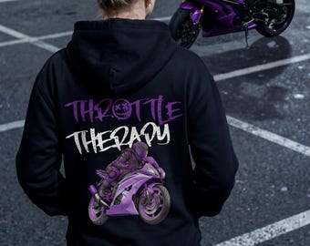 Throttle Therapy Female Rider Hoodie Motorcycle Hoodie Biker Girl Hoodie Sportbike Hoodie Purple Bike Rider Gift Streetbike Hoodie