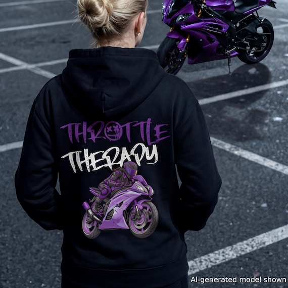 Throttle Therapy Female Rider Hoodie Motorcycle Hoodie Biker Girl Hoodie Sportbike Hoodie Purple Bike Rider Gift Streetbike Hoodie