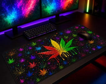 Rasta Cannabis Leaf Desk Mat, Colorful Weed Gaming Mouse Pad, Stoner Desk Decor, Extended Keyboard Mat, 420 Gamer Gift