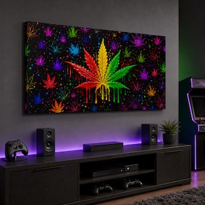 Rasta-Cannabisblatt-Leinwandbild, farbenfrohe Weed-Deko, Kunst für die Kifferhöhle, Gaming-Zimmer-Deko, tropfendes Cannabisblatt-Motiv