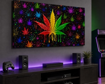Rasta Cannabis Leaf Canvas Wall Art, Colorful Weed Decor, Stoner Man Cave Art, Gaming Room Decor, Dripping Pot Leaf Print