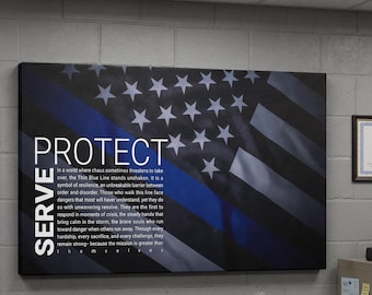 Lienzo de línea azul fina, decoración de pared para servir y proteger a la policía, regalo patriótico para las fuerzas del orden, decoración del hogar en homenaje a los primeros intervinientes