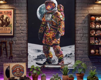 Space Cadet Psychedelic Astronaut Canvas | Trippy Moon Wall Art | Cosmic Skateboard Art | Vibrant Stoner Decor | Astronaut Room Poster