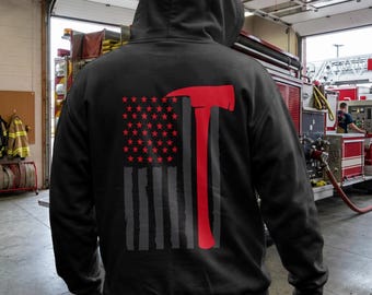 Firefighter Thin Red Line Hoodie, Fire Dept Pride Sweatshirt | Firefighter Axe Flag Hoodie | Fireman Gift | Unisex Firefighter Hoodie