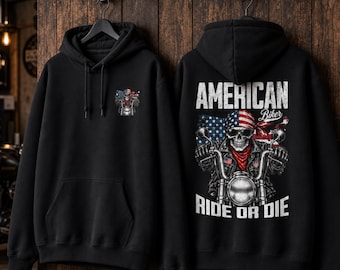 American Biker Hoodie, Patriotic Skull Rider Pullover, Ride or Die Motorcycle Sweatshirt
