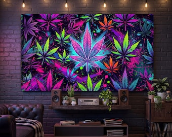 Neon Weed Canvas Wall Art, Psychedelic Cannabis Leaf Poster, Trippy Stoner Room Decor, Colorful Smoke Room Aesthetic, Gift for Him