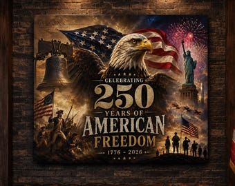 Celebrating 250 Years of American Freedom Canvas, 1776-2026 Patriotic Wall Art, Bald Eagle Liberty Bell Decor, 4th of July Americana Gift